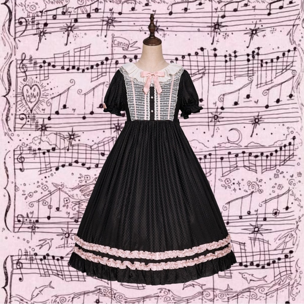 Cute.Q Jenny’s Dresser Black Lolita OP Sz M/L Chiffon Collar Ruffle EGL Dress
